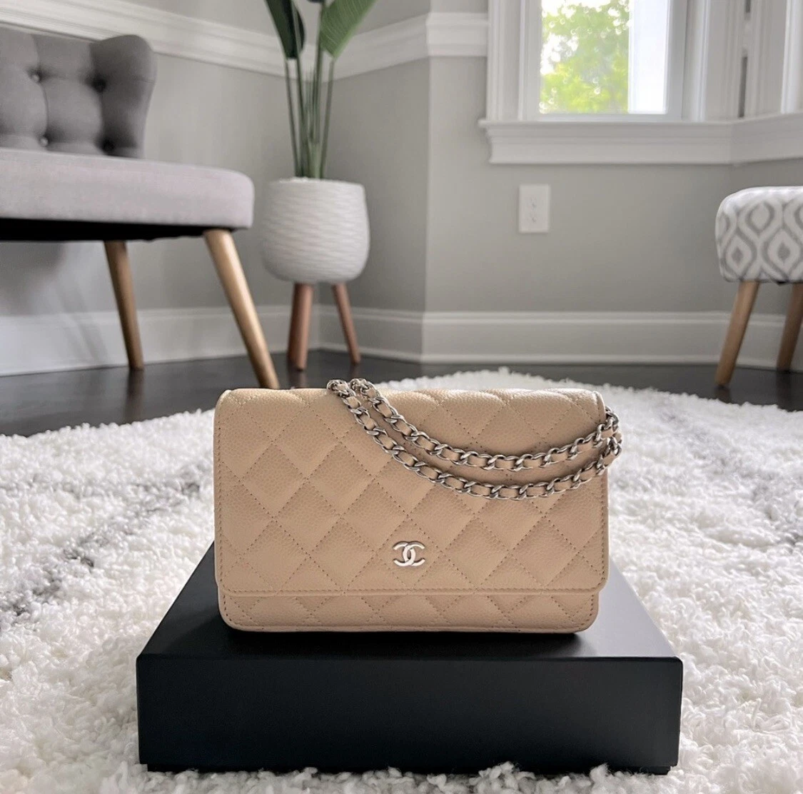 beige chanel wallet on chain