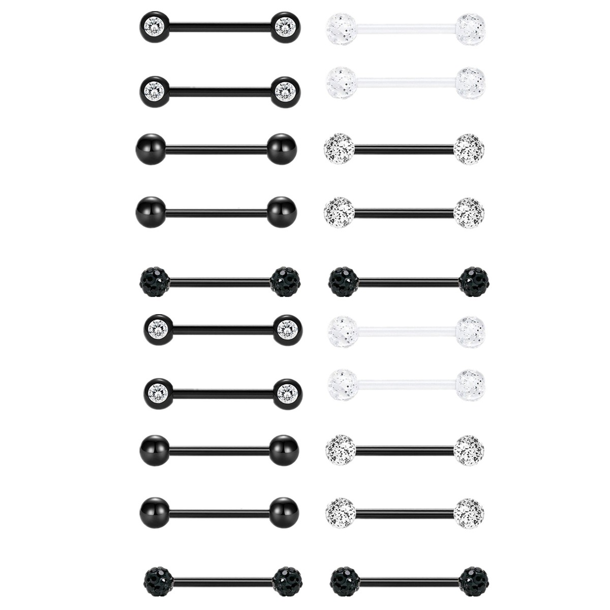 20PCS Barbell Ring 14G 316L Stainless Steel CZ Tongue Rings Body Piercing