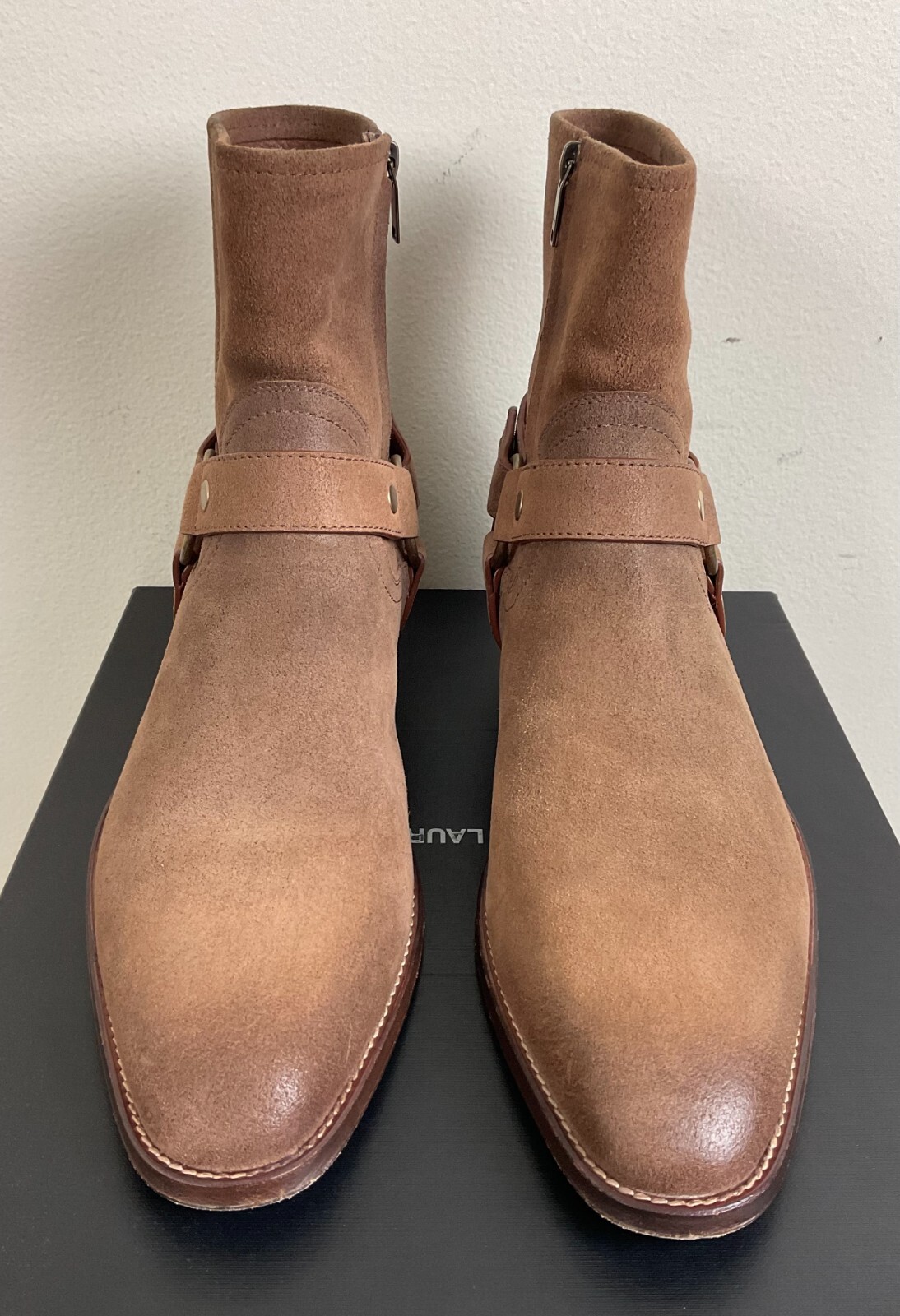 Stivali Saint Laurent Vitello Hallem Wax Palude Wyatt 40 Harness con scatola 43 10