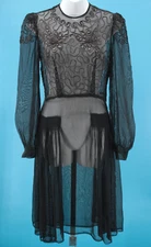 Vtg Women's 30s Black Sheer Dress W/ Embroidered Corded Trim Sz XS/S 1930s