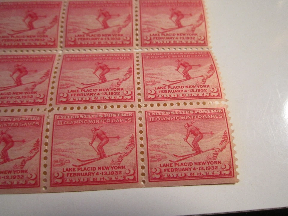 U.S. 1932 III OLYMPIC WINTER GAMES STAMP BLOCK OF 16 STAMPS MINT SHINY GUM SC-1 - Image 2 of 3