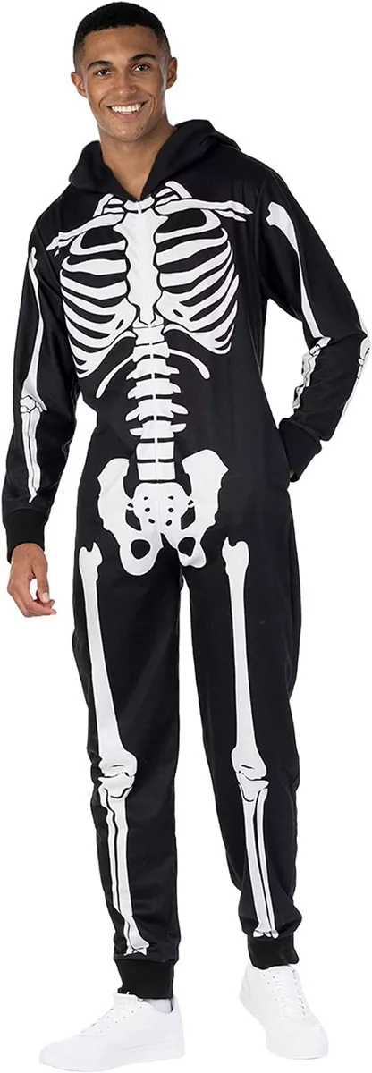Men s Skeleton Costume Adult One Piece Halloween Pajama Jumpsuit M XXL