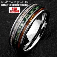 Tungsten Carbide Moss Agate Deer Antler Whiskey Barrel Band Ring
