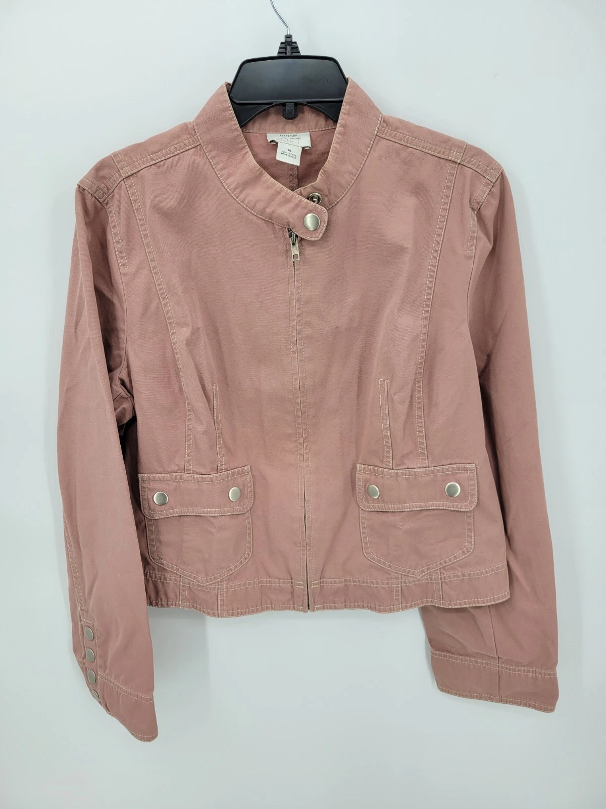 Loft Jacket Womens 16 Pink Zip Up Tab Collar Boho Cottagecore Snap Collar