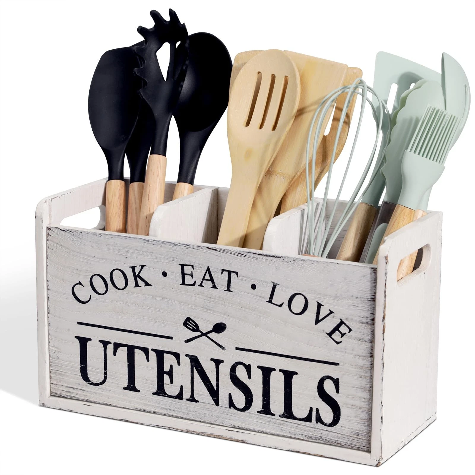 Farmhouse Cooking Utensils Organizer - Solid Wood Countertop Utensil Holder, ...