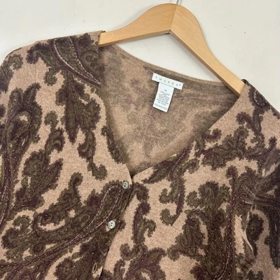 Tweeds Cardigan Sweater Brown Whimsigoth VTG Paisley Lambs Wool V-Neck Womens M - Image 1 of 4
