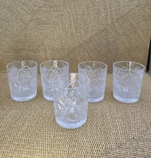 5 Old Fashioned Whiskey Low Ball Glasses Cut Glass Pinwheel & Hobstar Vtg
