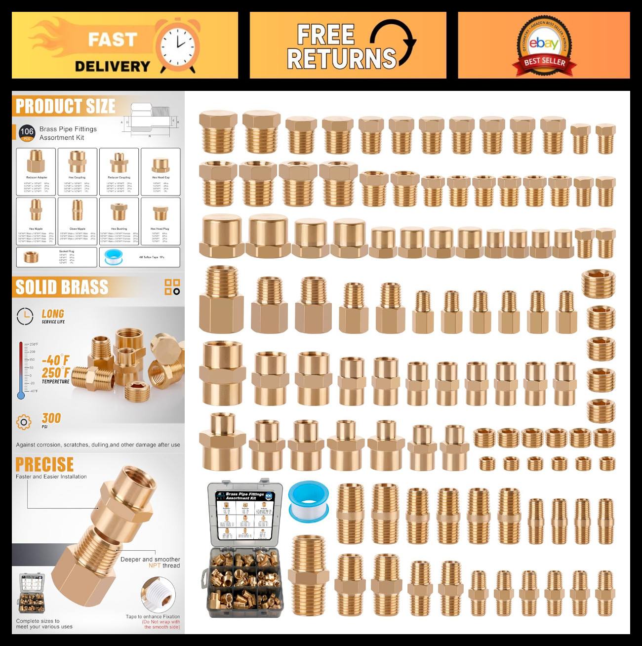 106PCS Brass Pipe Fittings Assortment Kit - NPT Adapters, Reducers, Nipples & Pl