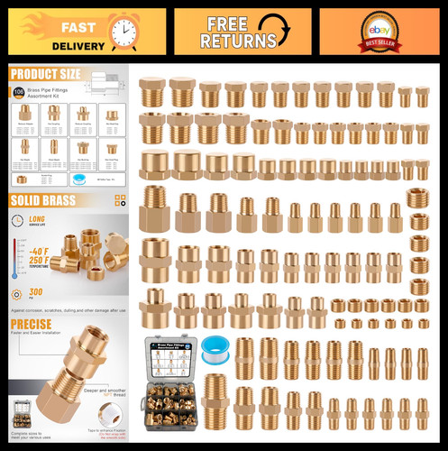 106PCS Brass Pipe Fittings Assortment Kit - NPT Adapters, Reducers, Nipples & Pl