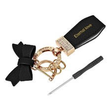 Car Key Chain Ring Clip 5.12" Leather Keychain Key Fob with D Ring, Black Gold