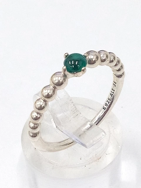 Pandora S925 ALE Sterling Silver Beaded Ring Vibrant Green Stone P 2.4g Boxed