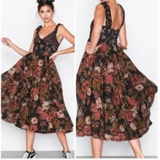 Free People Floral Midi Dress Womens Large Black Pink Rose Smocked Back Cotton