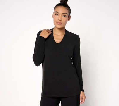 Susan Graver Modern Essentials Liquid Knit Voop Neck Top Black M New