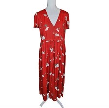 Christy Dawn Crimson Floral Dawn Dress V Neck Crossover Midi Size XS