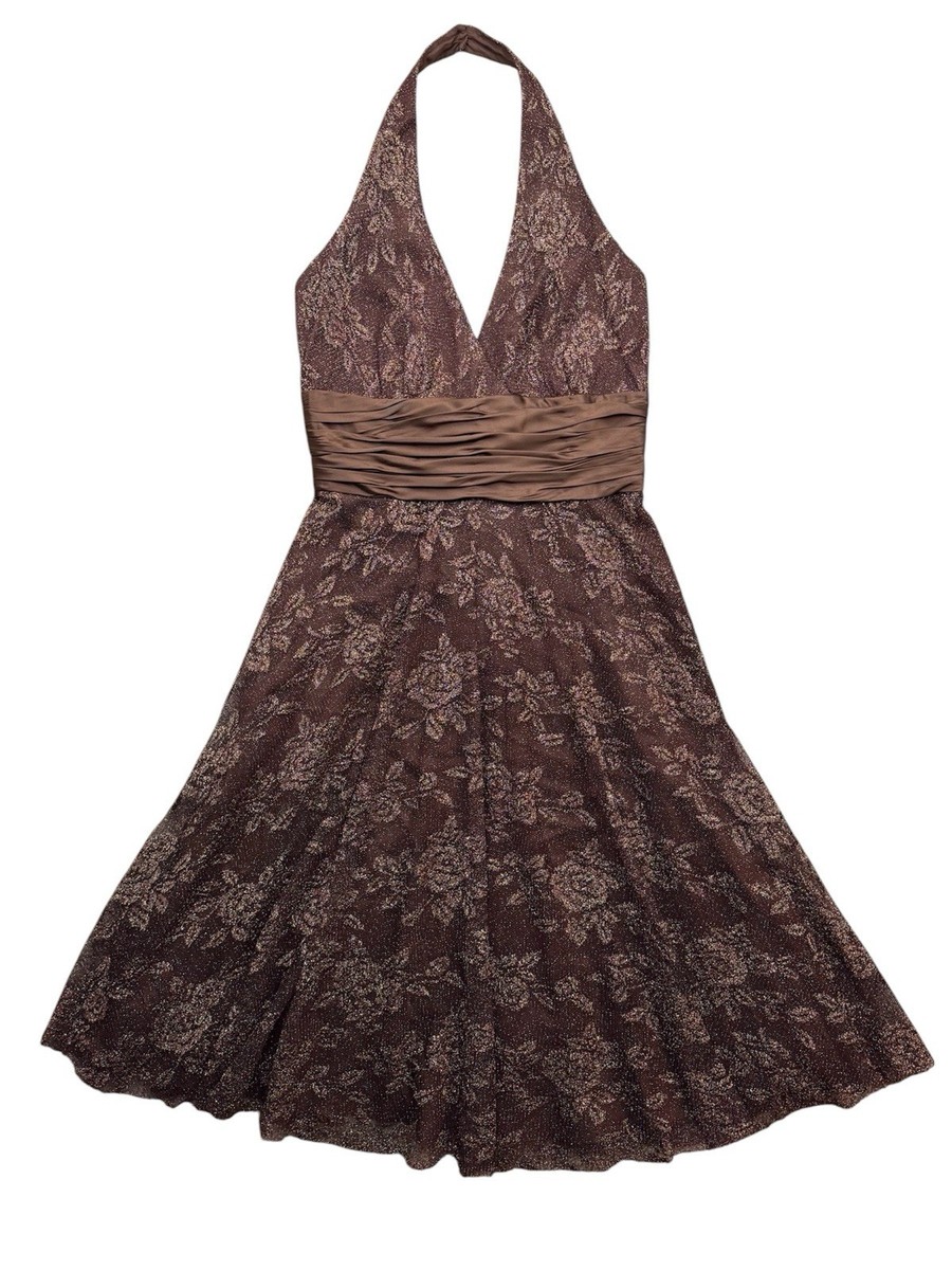 Vintage Y2K Silk Halter Dress Brown Floral Lace Fairy Formal Sz 8 Wedding  Guest | eBay