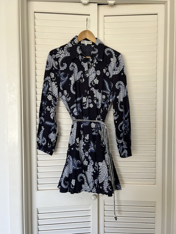 Zara Blue Paisley Print Mini Shirt Dress