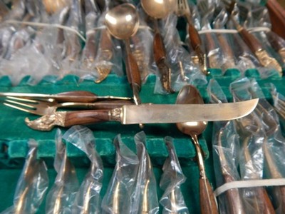VINTAGE RARE SIAM BANGKOK DRAGON HEAD BRASS WOOD FLATWARE SET 99