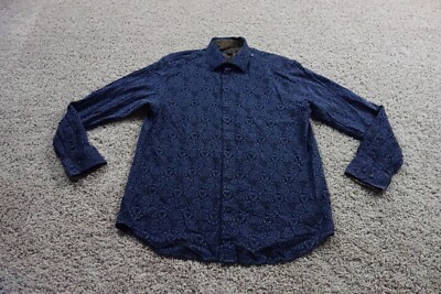 Jhane Barnes Shirt Mens Large Blue Button Up Psychedelic Floral Spiral Textured