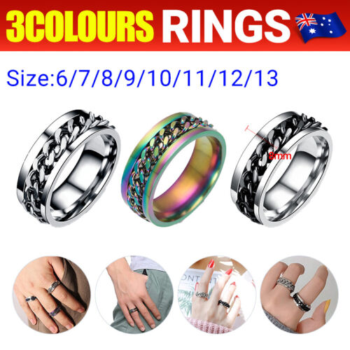 Anxiety Spinner Rings Mens Womens Fidget Rotating Ring Silver Stainless Steel AU - Picture 1 of 19