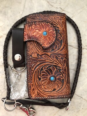 Flower Carved Wallet Handmade Cowboy Wallet Mens Bifold Wallet Chain Gift 212