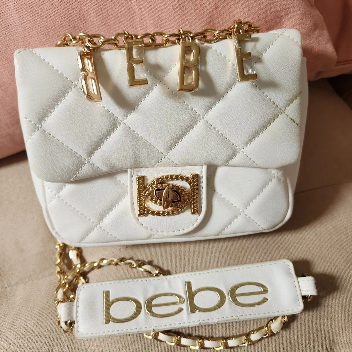 bebe LA White Faux-Leather Cross-body Quilted Gold Chain Letters