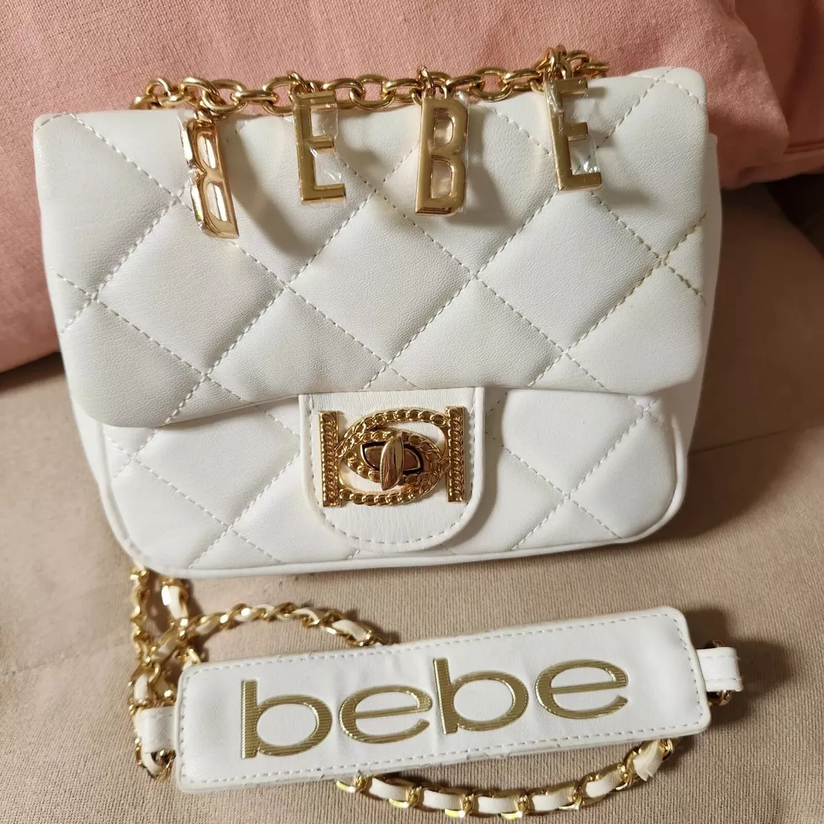 bebe LA White Faux-Leather Quilted Gold Chain Letters Xbody Bag Purse NWT  $99