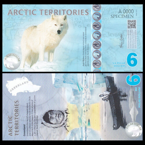 Territorios Árticos 6 Dólares, Polímero, 2013, Lobo polar, espécimen, UNC  - Imagen 1 de 1