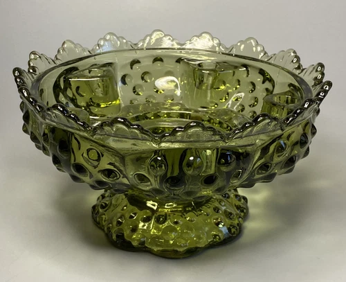 Vintage Fenton Green Glass Hobnail 6 Candle Holder Centerpiece Dish Bowl