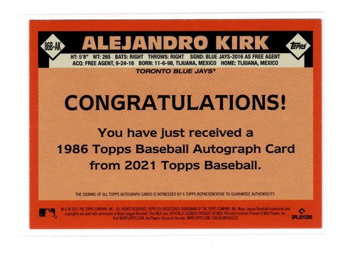 Alejandro Kirk RC 2021 Topps 86B-AK 1er novato radiocontrol automático en tarjeta Toronto Blue Jays - Imagen 2 de 2
