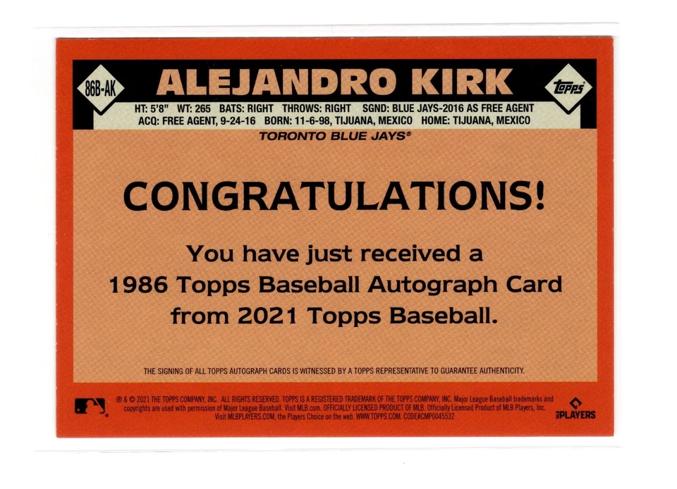 Alejandro Kirk RC 2021 Topps 1st Rookie RC Auto On Card 86B-AK Toronto Blue Jays - Image 2 of 2