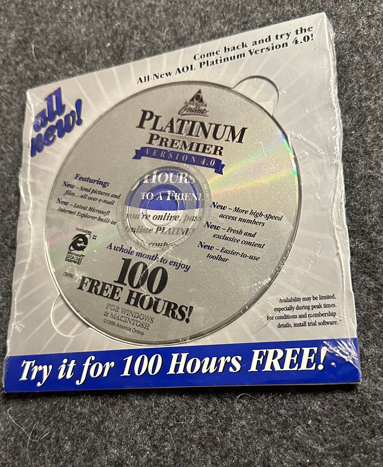 Vintage AOL CD Platinum Version 4.0 100 Free Hours!, Orig