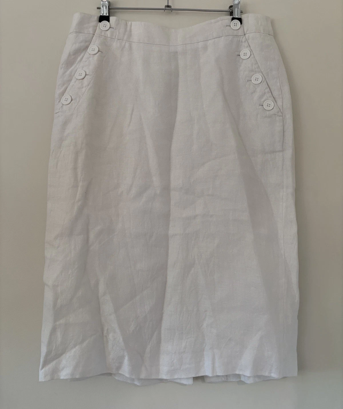 Trenery Ladies Skirt Size 10 White 100% Linen Knee Length Button Lined Pockets