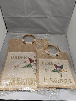 Two OES Tote Bags for Eastern Star - Burlap Jute - 18''x14'' & 15''x10'' w Pocket