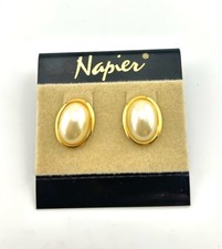 Vtg Napier Earrings Pierced Faux Oval Pearl Gold Tone