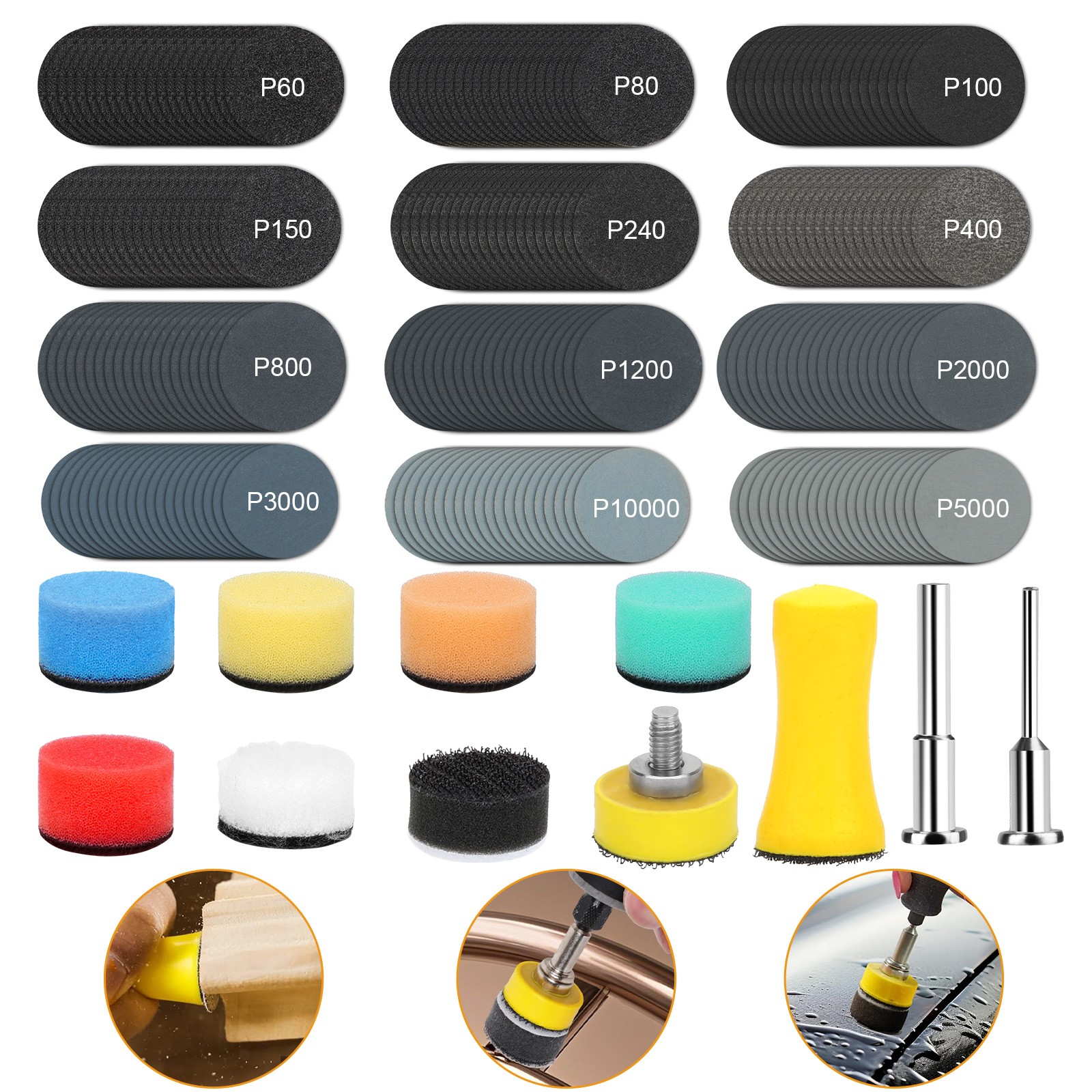 250PCS 1" Sanding Discs Set 60-10000 Grit Wet Dry Polishing Pad for Rotary Tool