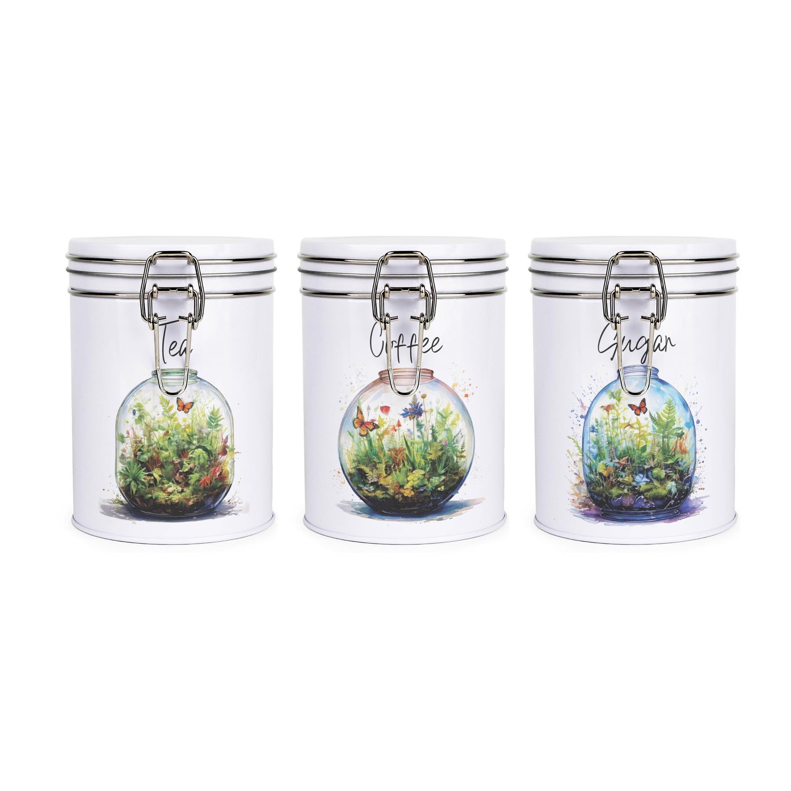 Plant Terrarium Tea, Coffee & Sugar Canister Set - Metal Clip Lid Kitchen Gift
