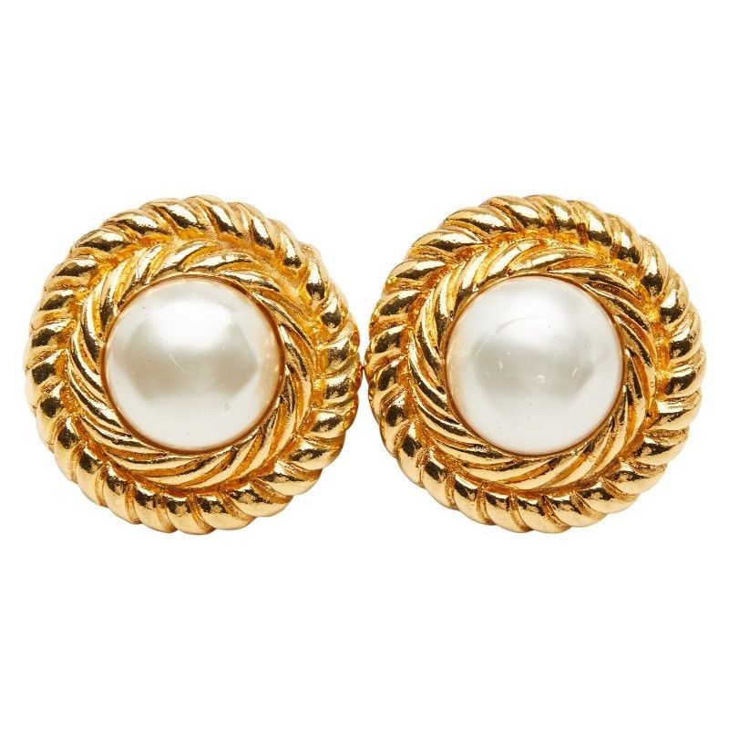Auth CHANEL Gold Tone Earrings Faux Pearl Women's Gold Metal Authentic thumbnail 2