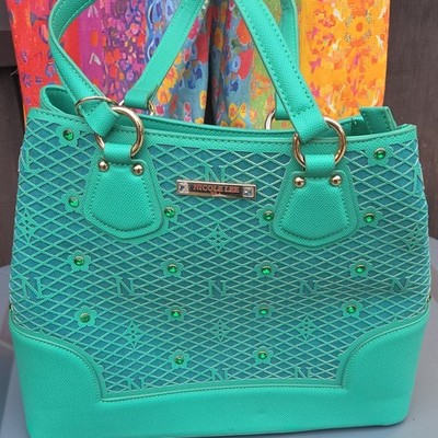 Nicole Lee Green Diamond Satchel Top Handle Bag Zip Detachable Strap Pockets