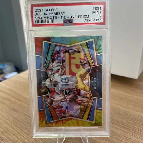 PSA 9 JUSTIN HERBERT 2021 PANINI SELECT SNAPSHOTS TIE DYE PRIZM # 17/25 CHARGERS