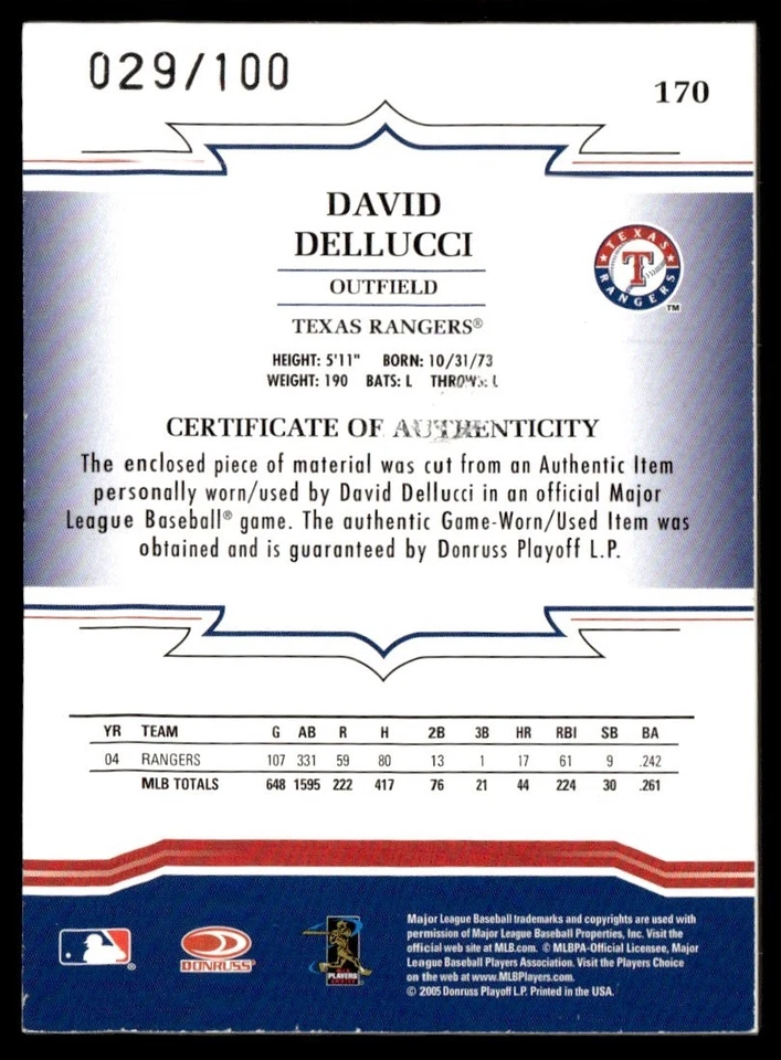 2005 Donruss Throwback Threads Material Jersey David Dellucci 029/100 Texas - Image 2 of 2