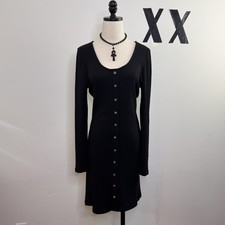 Black Knit Longline Button-Front Cardigan Dress Ribbed Minimal 14
