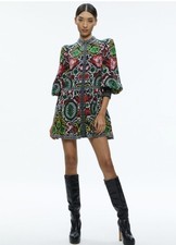 Alice & Olivia BERTHA BLOUSON SLEEVE MINI DRESS $495 In Monarch Black Large