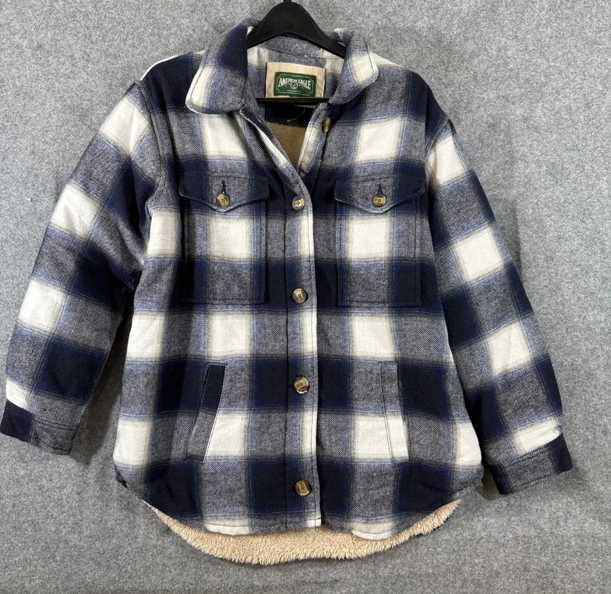 American Eagle Shirt Jacket Mens M Blue White Check Flannel Sherpa Lined Outdoor