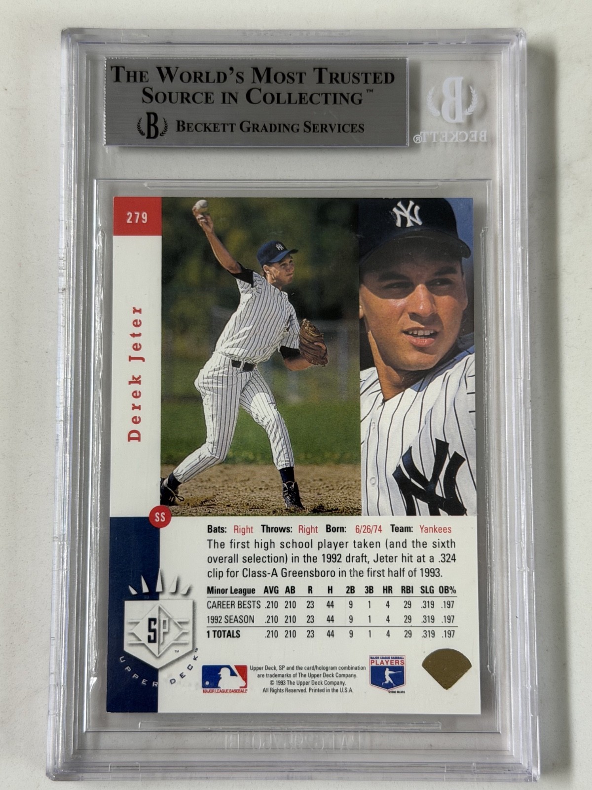 1993 Upper Deck SP - Premier Prospects Derek Jeter #279 (RC) BGS 8.5 view 2