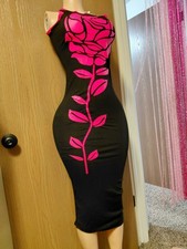 Women's Black Pink Sleeveless Scoop Neck Cut Out Bodycon Midi Stretch Jersey S
