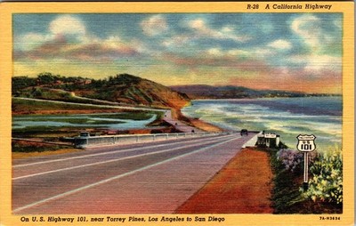 1937 Linen Postcard U.S. Highway 101 Torrey Pines California Scenic CA
