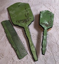Vintage Green Art Deco Vanity Set Mirror Brush Comb Dupont Celluloid