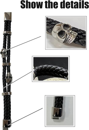 Pulsera Calavera Acero Inoxidable Cuero Trenzado Esqueleto Pulsera Punk Joyería - Imagen 31 de 35