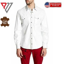 Men's Lambskin Soft White Leather Slim Fit Full Sleeve Biker Casual Button Shirt
