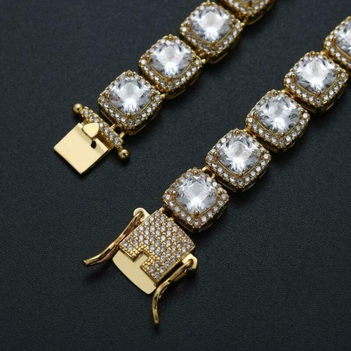 Brazalete de Hip Hop Baguette de tenis helado inundado enchapado en oro 14K para hombre A9003-G - Imagen 3 de 5